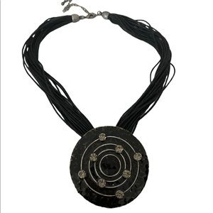 Statement Necklace Black Multi-Cord Black Metal Closed Circle Pendant